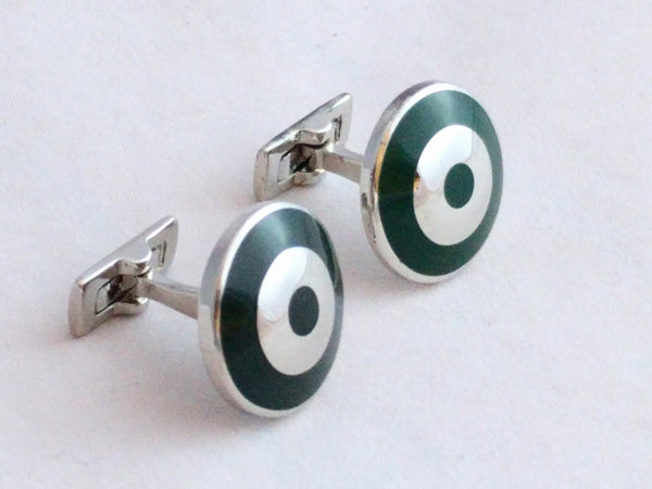 Skultuna 1607 Bomber cufflinks, green enamel and gold-plated brass, T-bar fastening