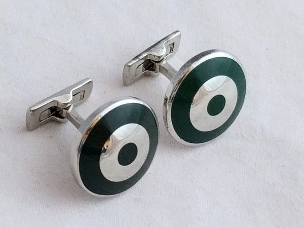 Skultuna 1607 Bomber cufflinks, green enamel and gold-plated brass, T-bar fastening