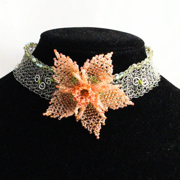 EISENBERG Necklace – Handmade Silver Wire Choker, Jewel Accented with Green Glass Beads & Iridescent Beaded Flower, 13"-16"