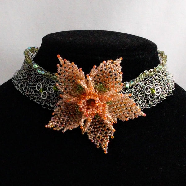 EISENBERG Necklace – Handmade Silver Wire Choker, Jewel Accented with Green Glass Beads & Iridescent Beaded Flower, 13"-16"