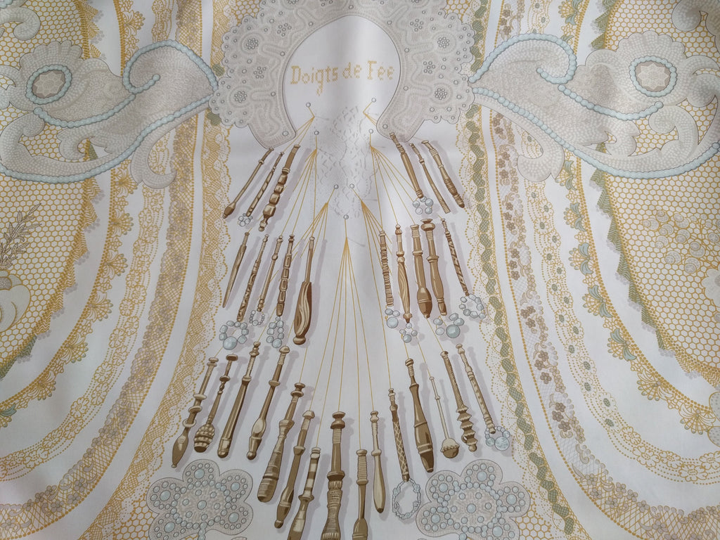 Hermès Scarf – "Doigts de Fée" by Caty Latham, 2000 Collectible Silk Scarf, Tribute to Lace-Making Art, 89cm Square, Made in France