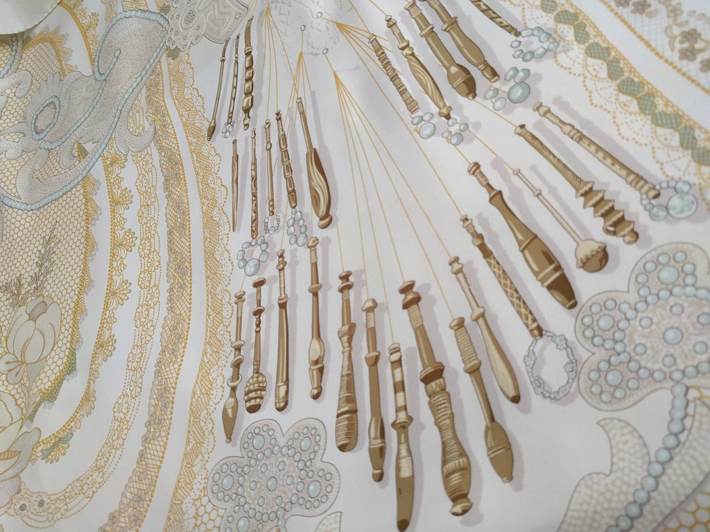 Hermès Scarf – "Doigts de Fée" by Caty Latham, 2000 Collectible Silk Scarf, Tribute to Lace-Making Art, 89cm Square, Made in France