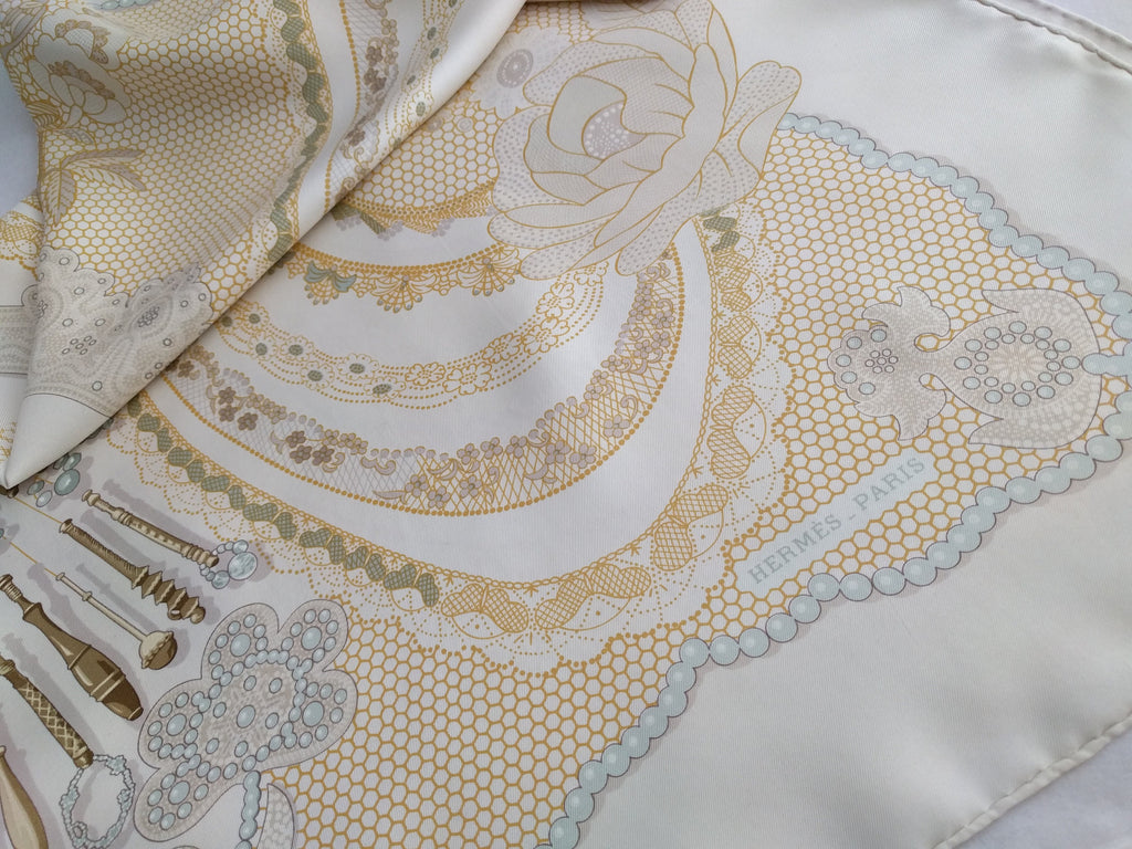 Hermès Scarf – "Doigts de Fée" by Caty Latham, 2000 Collectible Silk Scarf, Tribute to Lace-Making Art, 89cm Square, Made in France