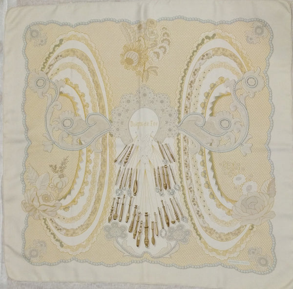 Hermès Scarf – "Doigts de Fée" by Caty Latham, 2000 Collectible Silk Scarf, Tribute to Lace-Making Art, 89cm Square, Made in France