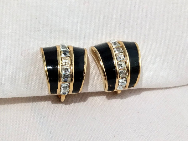 Christian Dior Couture Gold-Plated Clip-On Earrings – Black Enamel with Clear Crystals, Designer Stamped, Elegant Jewelry