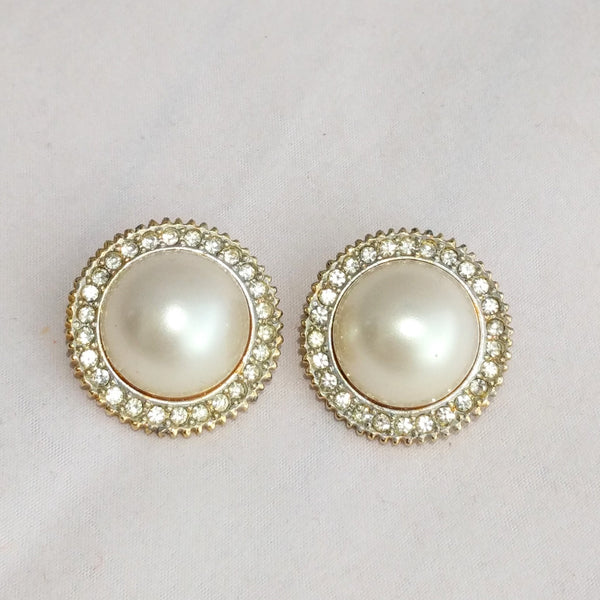 Sphinx Oversized Faux Pearl Cabochon Clip-On Earrings – Pave Crystal Halo, Statement Earrings, 1980s