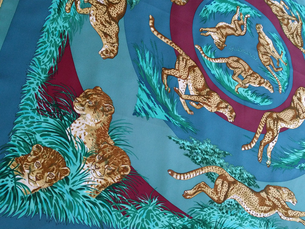 Rare Hermès silk twill scarf, Robert Dallet design, cheetahs, turquoise and blue