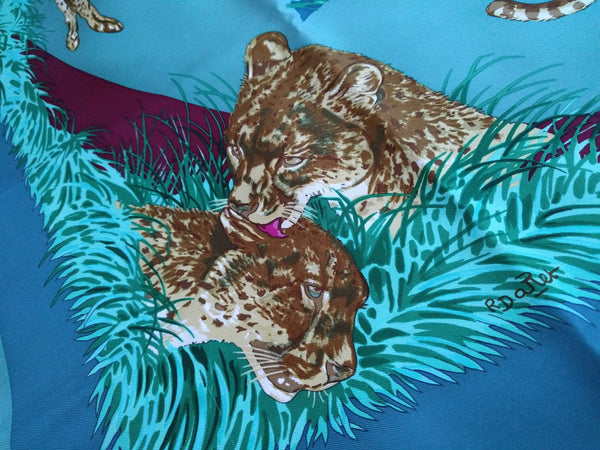 Rare Hermès Guepards silk scarf by Robert Dallet, turquoise, blue, maroon, 88cm square -