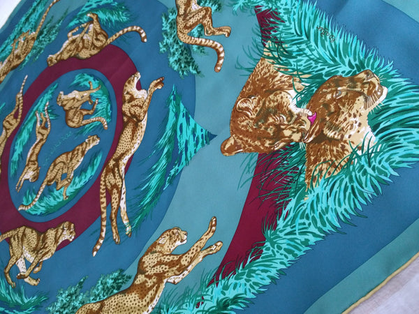 Rare Hermès Guepards silk scarf by Robert Dallet, turquoise, blue, maroon, 88cm square -