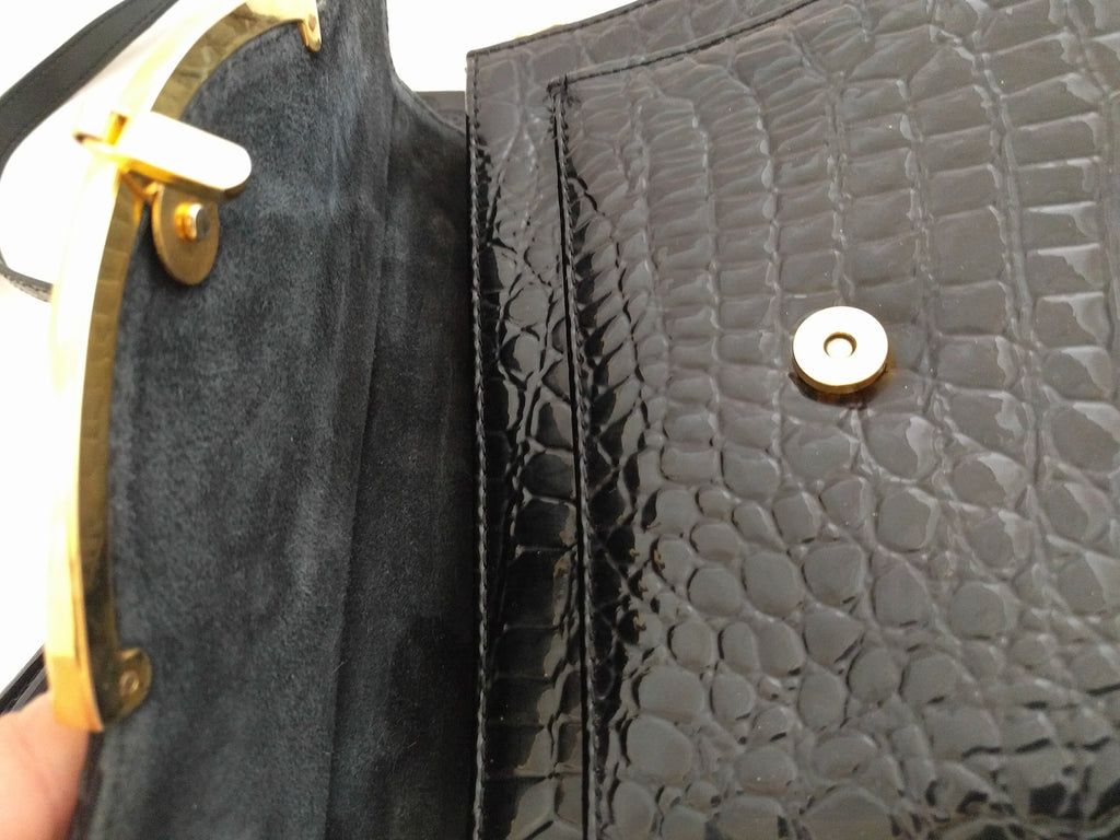 Vintage Chenson Black Embossed Leather Handbag – Crocodile-Embossed Shoulder Bag with Removable Strap, 1980s Designer Purse