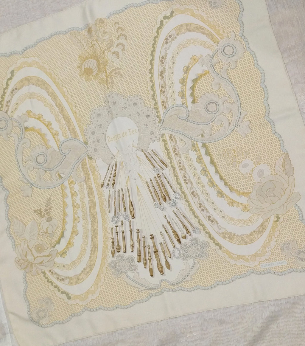 Hermès Scarf – "Doigts de Fée" by Caty Latham, 2000 Collectible Silk Scarf, Tribute to Lace-Making Art, 89cm Square, Made in France