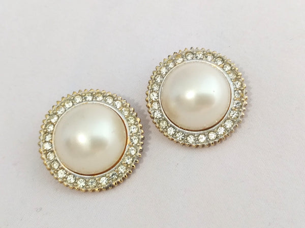 Sphinx Oversized Faux Pearl Cabochon Clip-On Earrings – Pave Crystal Halo, Statement Earrings, 1980s