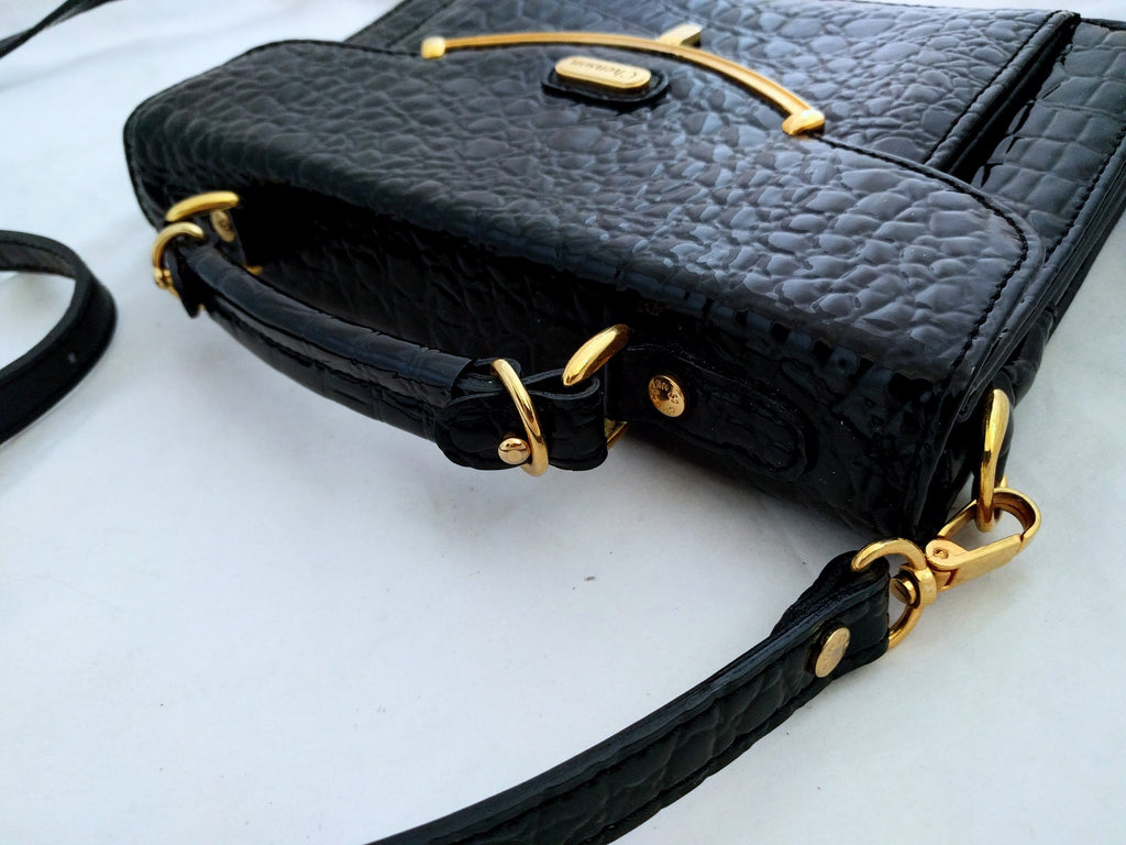 Vintage Chenson Black Embossed Leather Handbag – Crocodile-Embossed Shoulder Bag with Removable Strap, 1980s Designer Purse