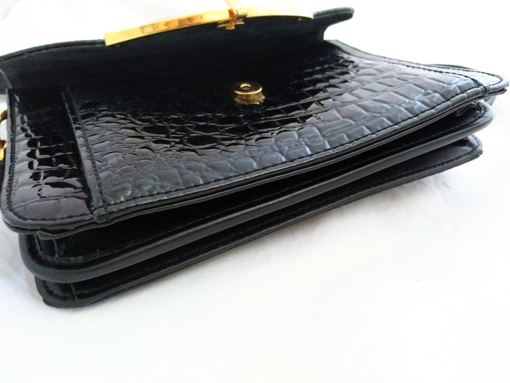 Vintage Chenson Black Embossed Leather Handbag – Crocodile-Embossed Shoulder Bag with Removable Strap, 1980s Designer Purse