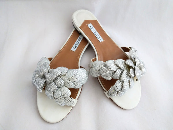 Aquazzura Galactic Flower Sandals - Rare Designer Shoes, Crystal Embellished Leather Slides Made in Italy, Size 37, Luxury Footwear