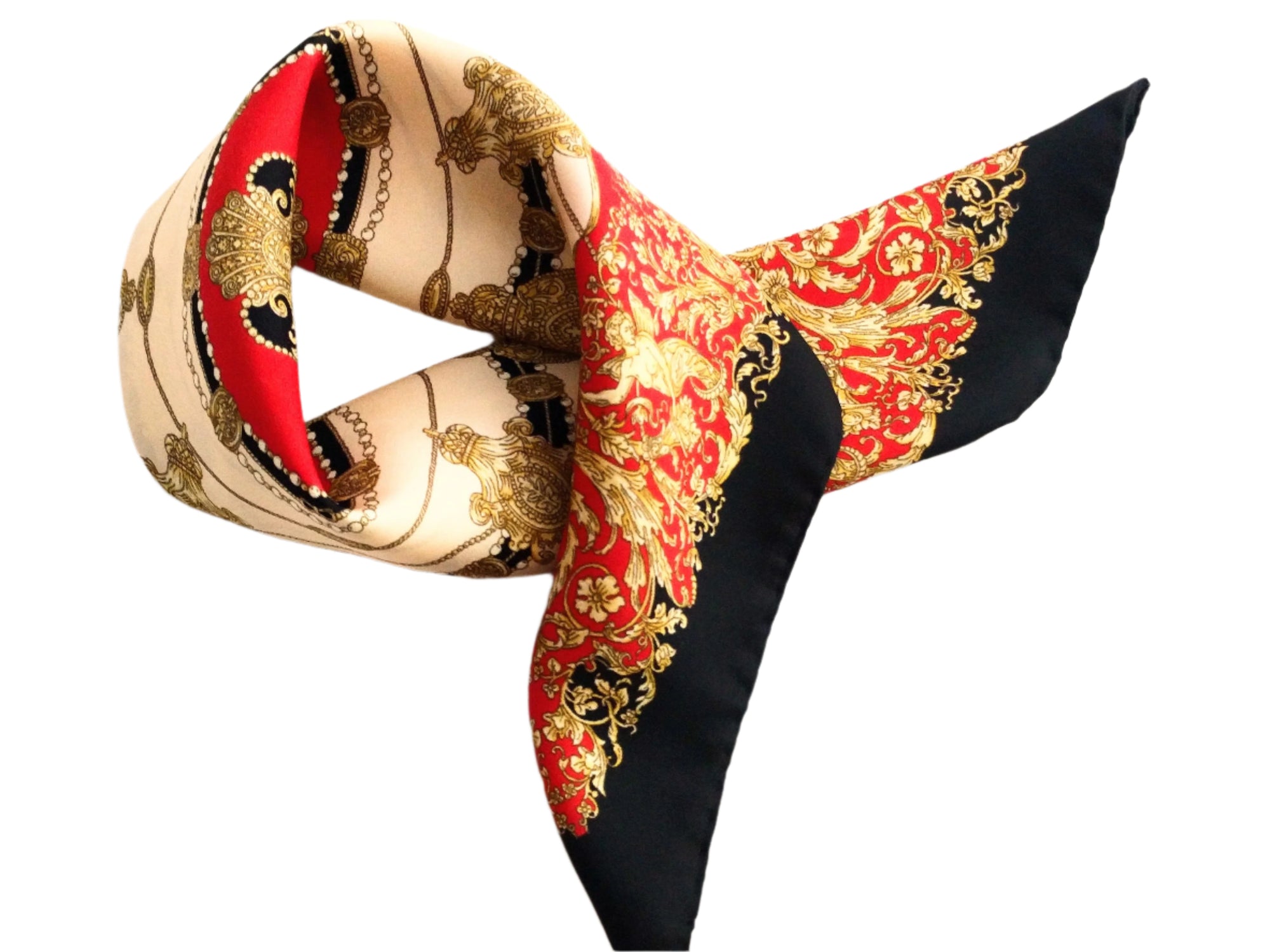 Italian Silk Scarf – Small Black Como Silk Scarf, Red & Cream Accents, Made in Italy, 19.5" Square with Rolled Edges