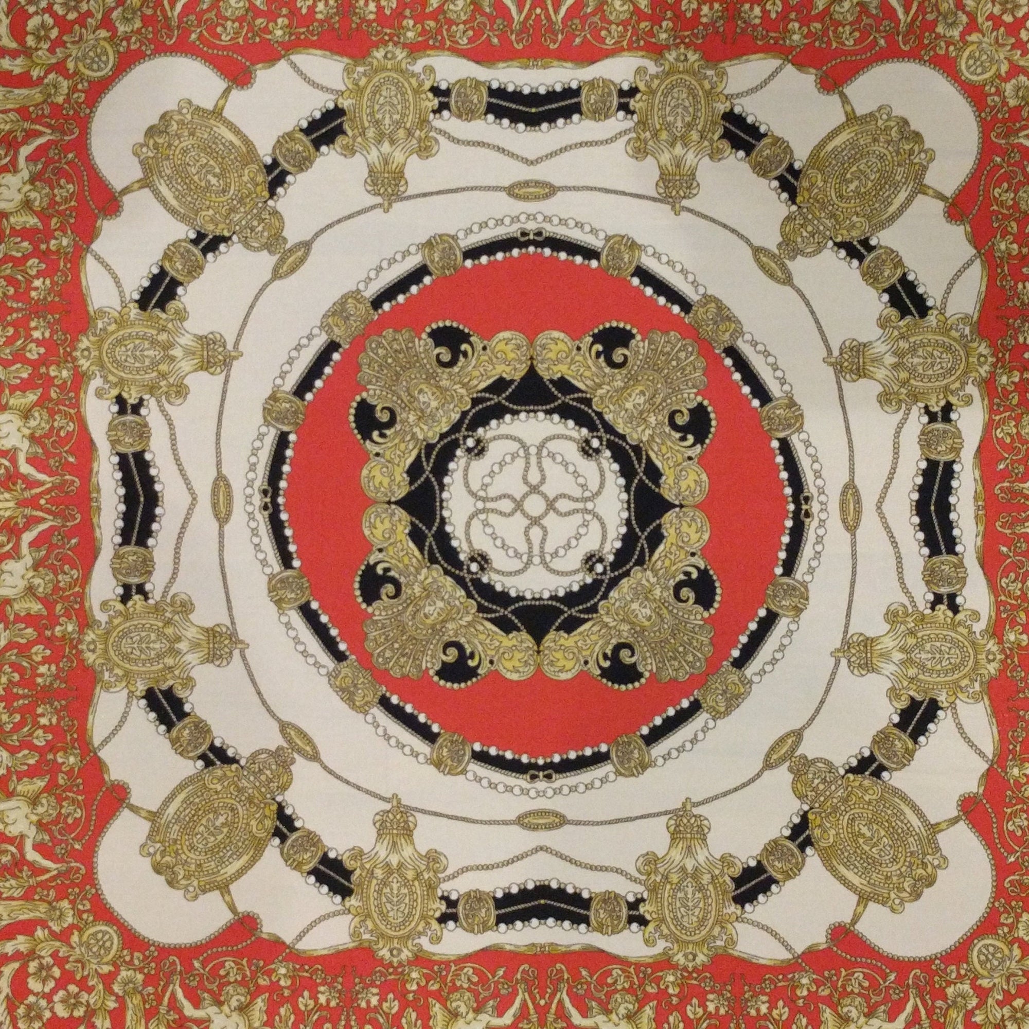 Italian Silk Scarf – Small Black Como Silk Scarf, Red & Cream Accents, Made in Italy, 19.5" Square with Rolled Edges
