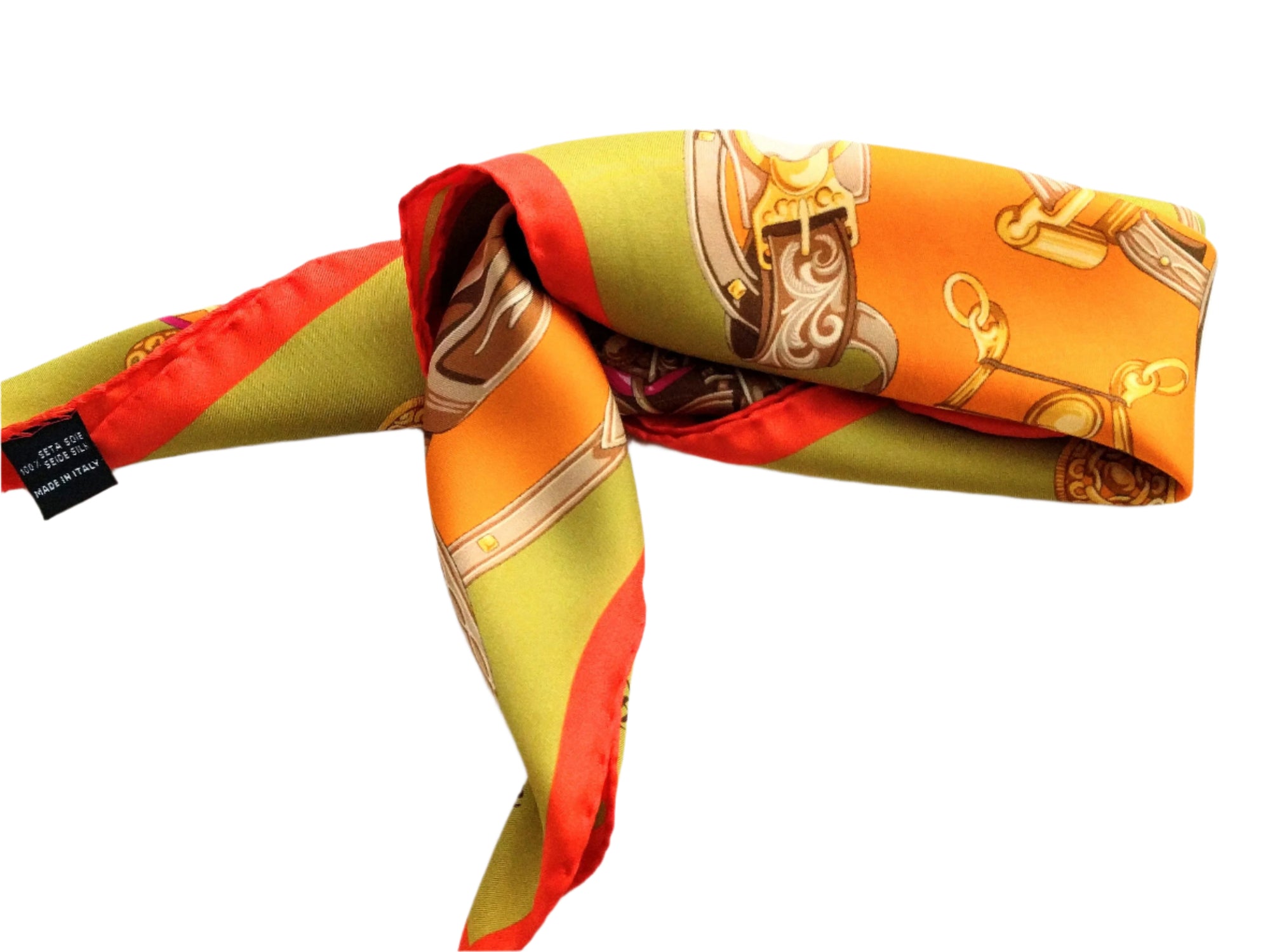 Italian Silk Scarf – Small Orange Como Silk Scarf, Green & Beige Accents, Made in Italy, 19.5" Square, Rolled Edges