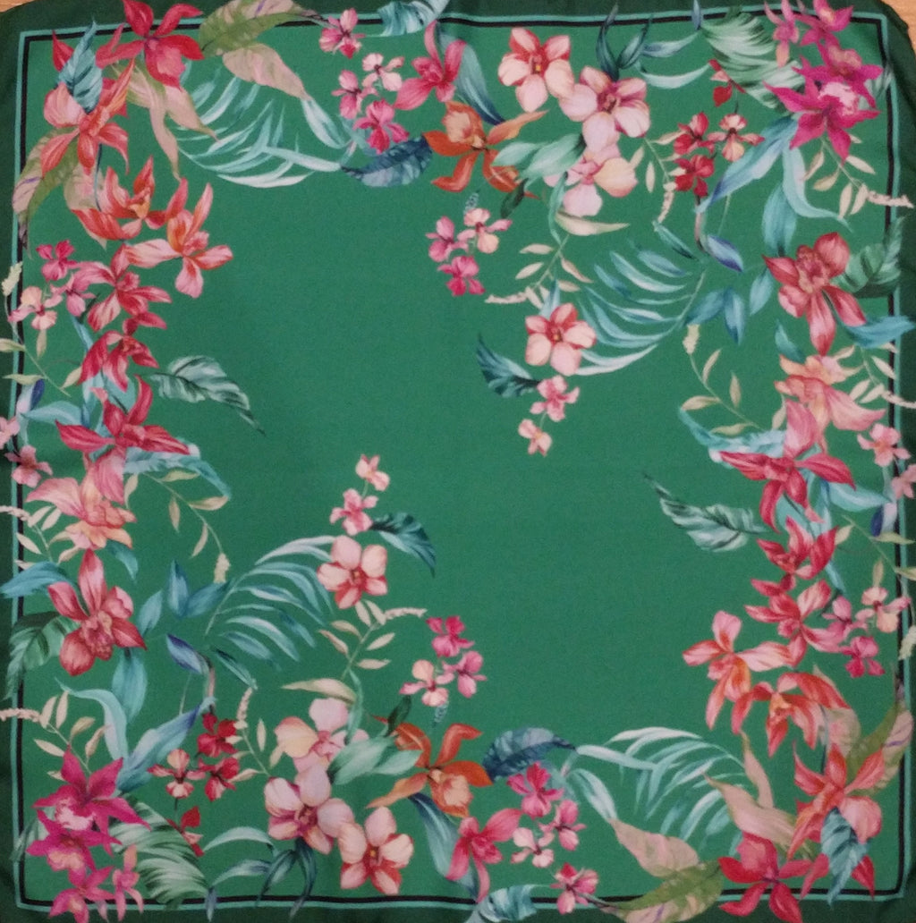 Italian Silk Scarf – Small Green Como Silk Scarf, Red & Pink Accents, Made in Italy, 19.5" Square with Rolled Edges