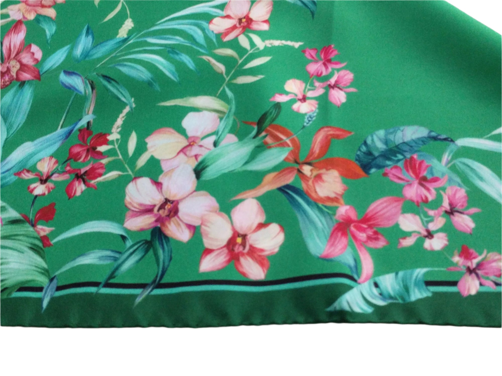 Italian Silk Scarf – Small Green Como Silk Scarf, Red & Pink Accents, Made in Italy, 19.5" Square with Rolled Edges