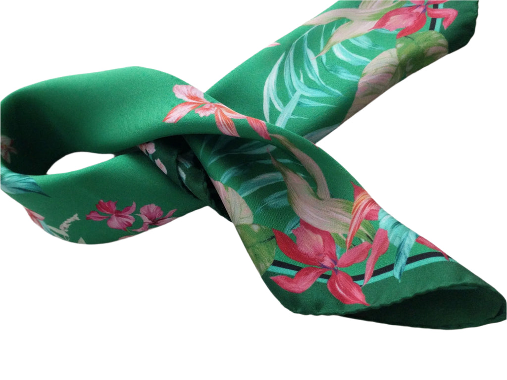 Italian Silk Scarf – Small Green Como Silk Scarf, Red & Pink Accents, Made in Italy, 19.5" Square with Rolled Edges