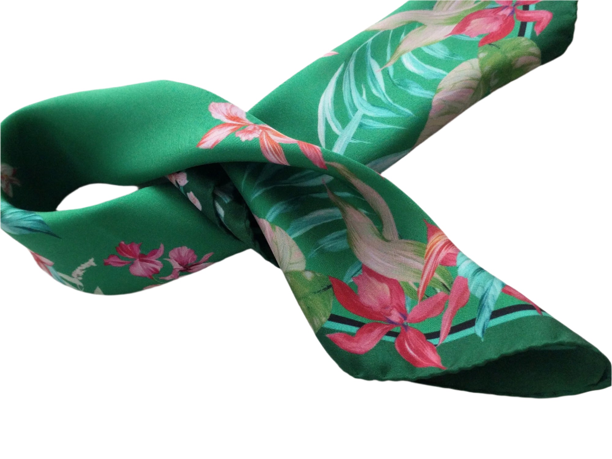 Italian Silk Scarf – Small Green Como Silk Scarf, Red & Pink Accents, Made in Italy, 19.5" Square with Rolled Edges