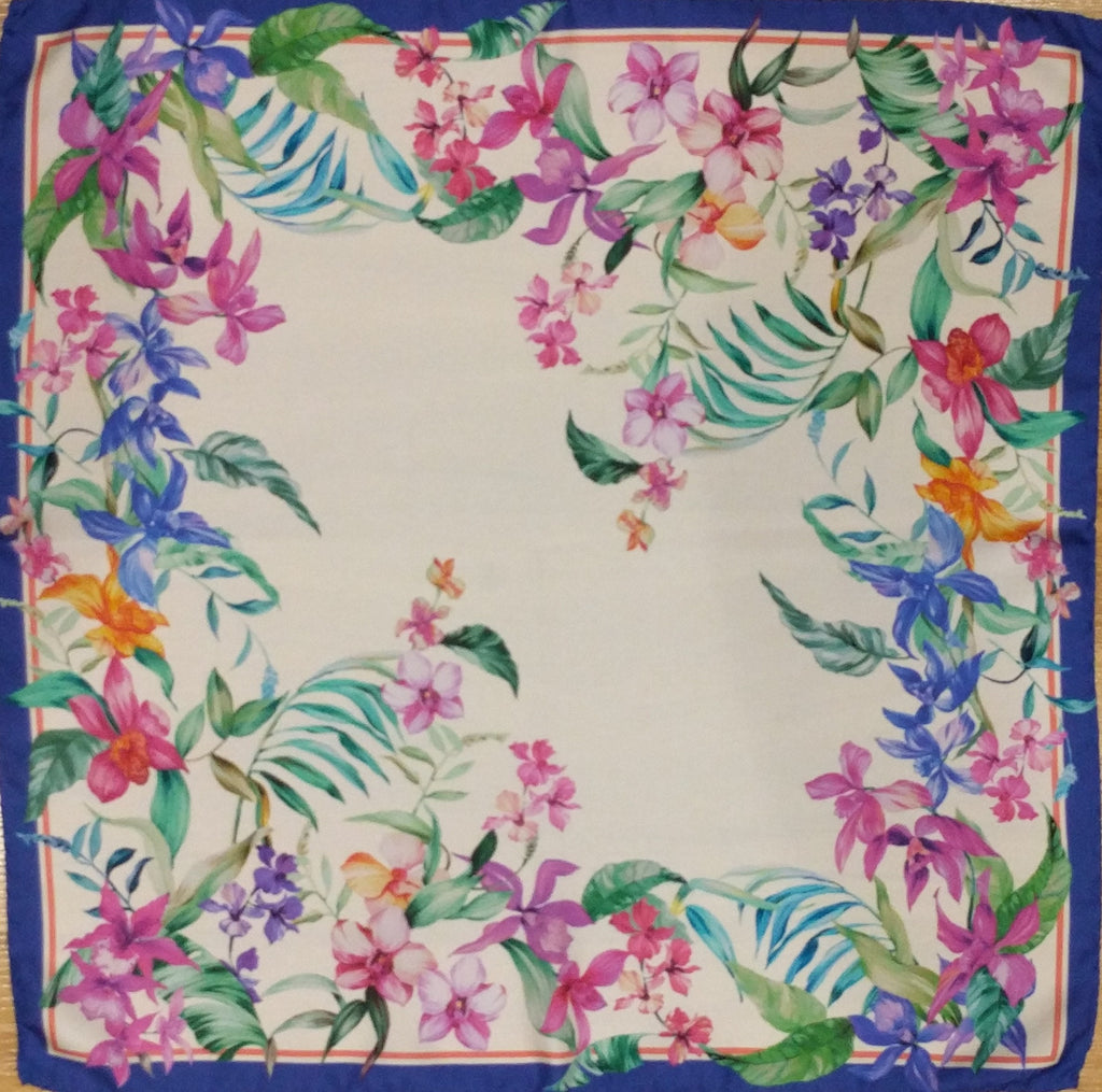 Italian Silk Scarf – Small White Como Silk Scarf, Blue & Pink Accents, Made in Italy, 19.5" Square, Rolled Edges