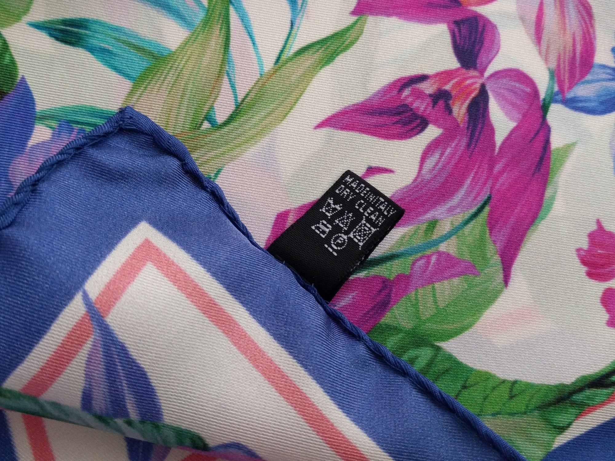 Italian Silk Scarf – Small White Como Silk Scarf, Blue & Pink Accents, Made in Italy, 19.5" Square, Rolled Edges