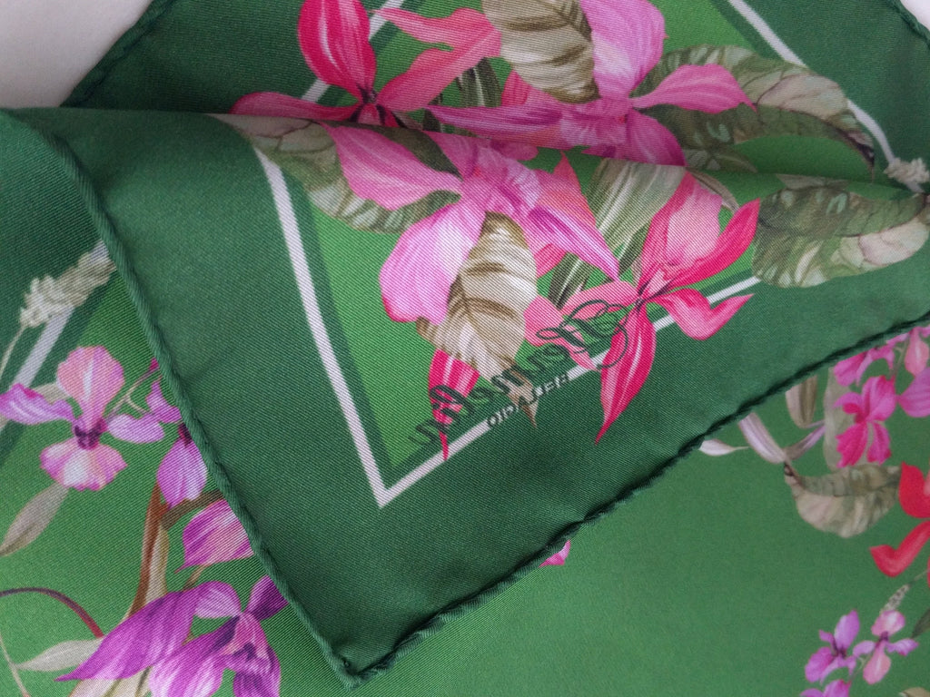 Italian Silk Scarf – Small Green Como Silk Scarf, Magenta & Red Accents, Made in Italy, 19.5" Square with Rolled Edges
