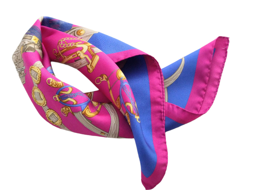 Italian Silk Scarf – Small Pink Como Silk Scarf, Fuchsia, Blue & White Accents, Made in Italy, 19.5" Square with Rolled Edges