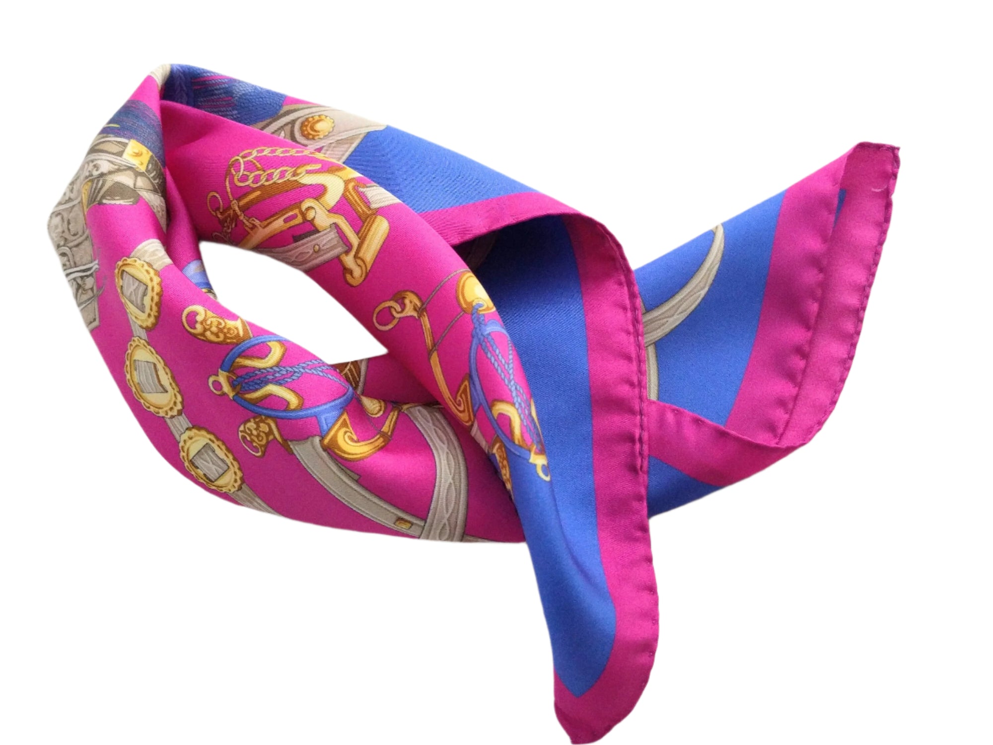 Italian Silk Scarf – Small Pink Como Silk Scarf, Fuchsia, Blue & White Accents, Made in Italy, 19.5" Square with Rolled Edges