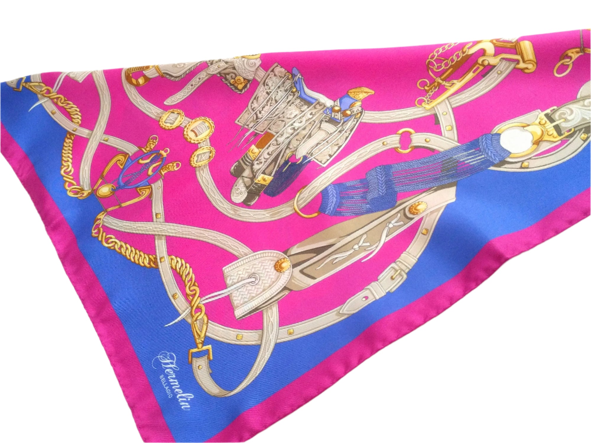 Italian Silk Scarf – Small Pink Como Silk Scarf, Fuchsia, Blue & White Accents, Made in Italy, 19.5" Square with Rolled Edges