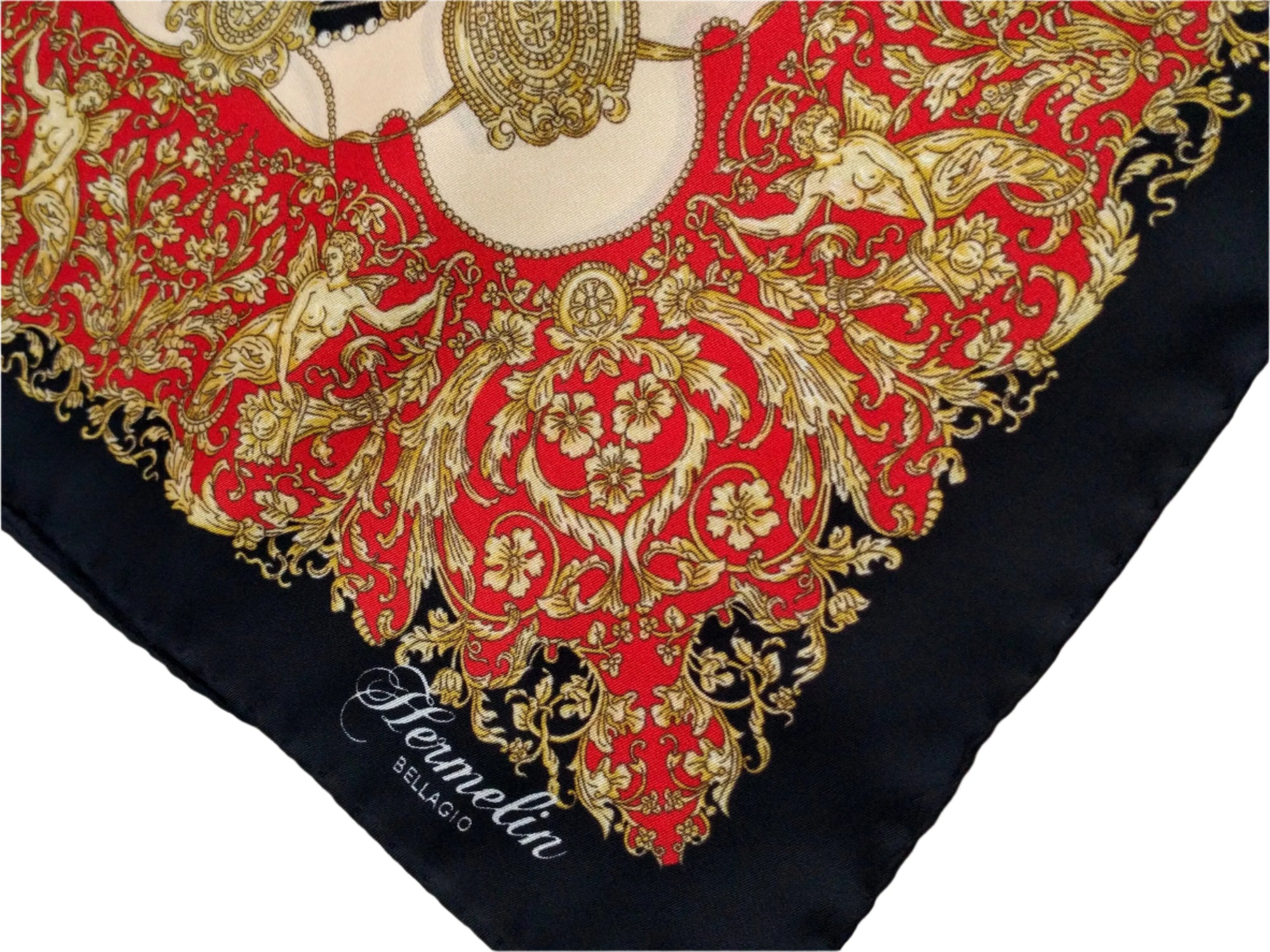 Italian Silk Scarf – Small Black Como Silk Scarf, Red & Cream Accents, Made in Italy, 19.5" Square with Rolled Edges