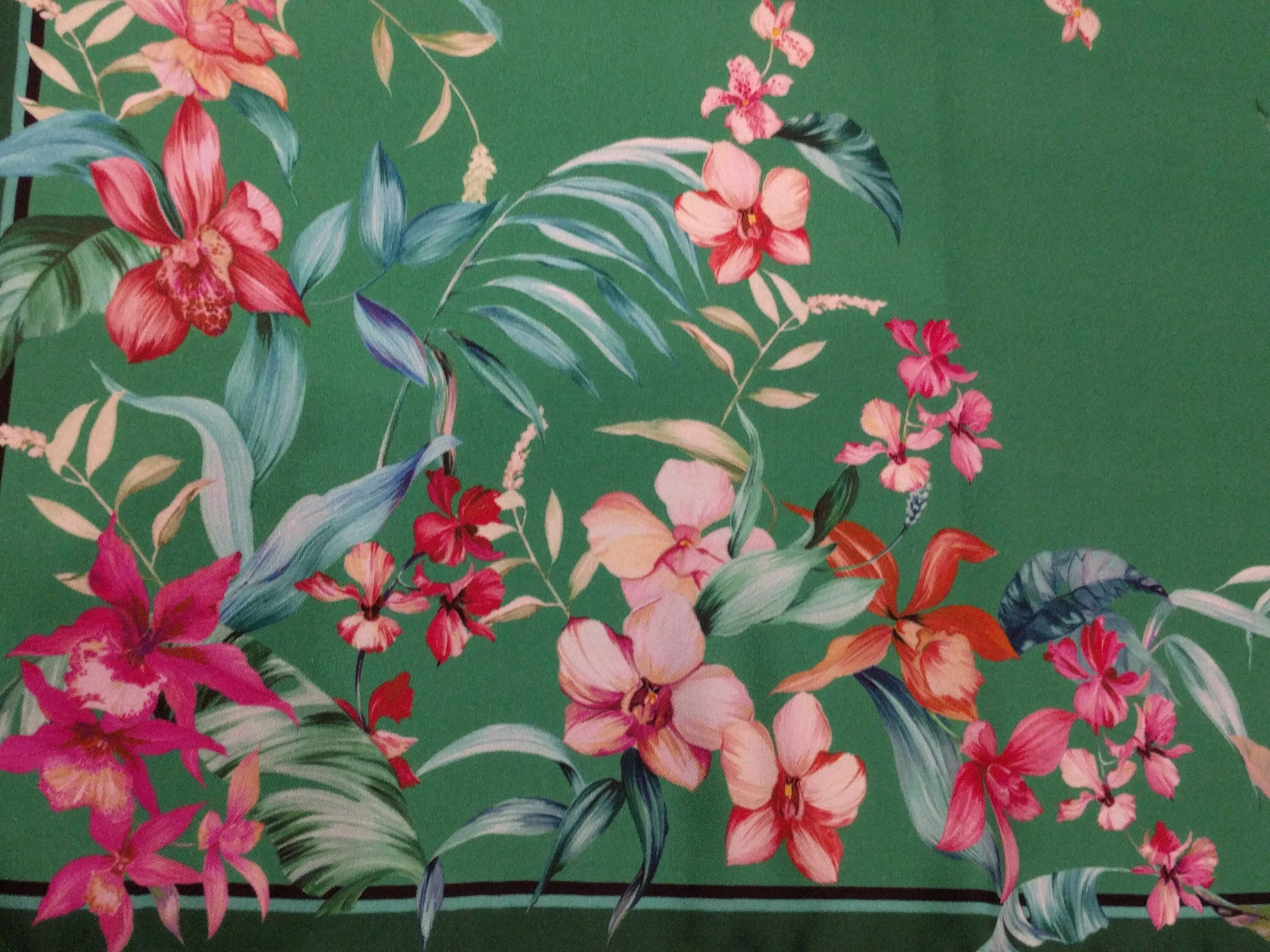 Italian Silk Scarf – Small Green Como Silk Scarf, Red & Pink Accents, Made in Italy, 19.5" Square with Rolled Edges