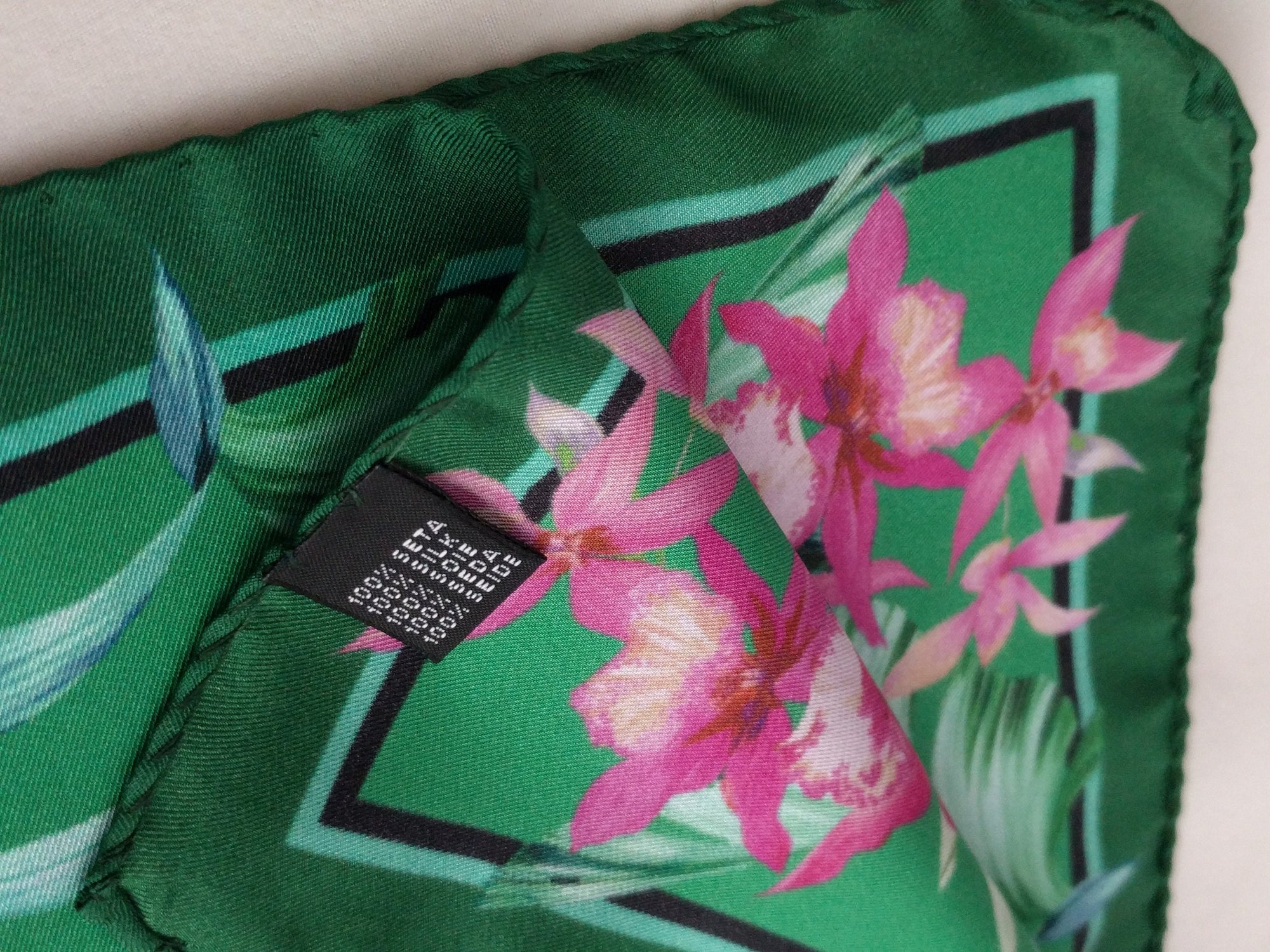 Italian Silk Scarf – Small Green Como Silk Scarf, Red & Pink Accents, Made in Italy, 19.5" Square with Rolled Edges