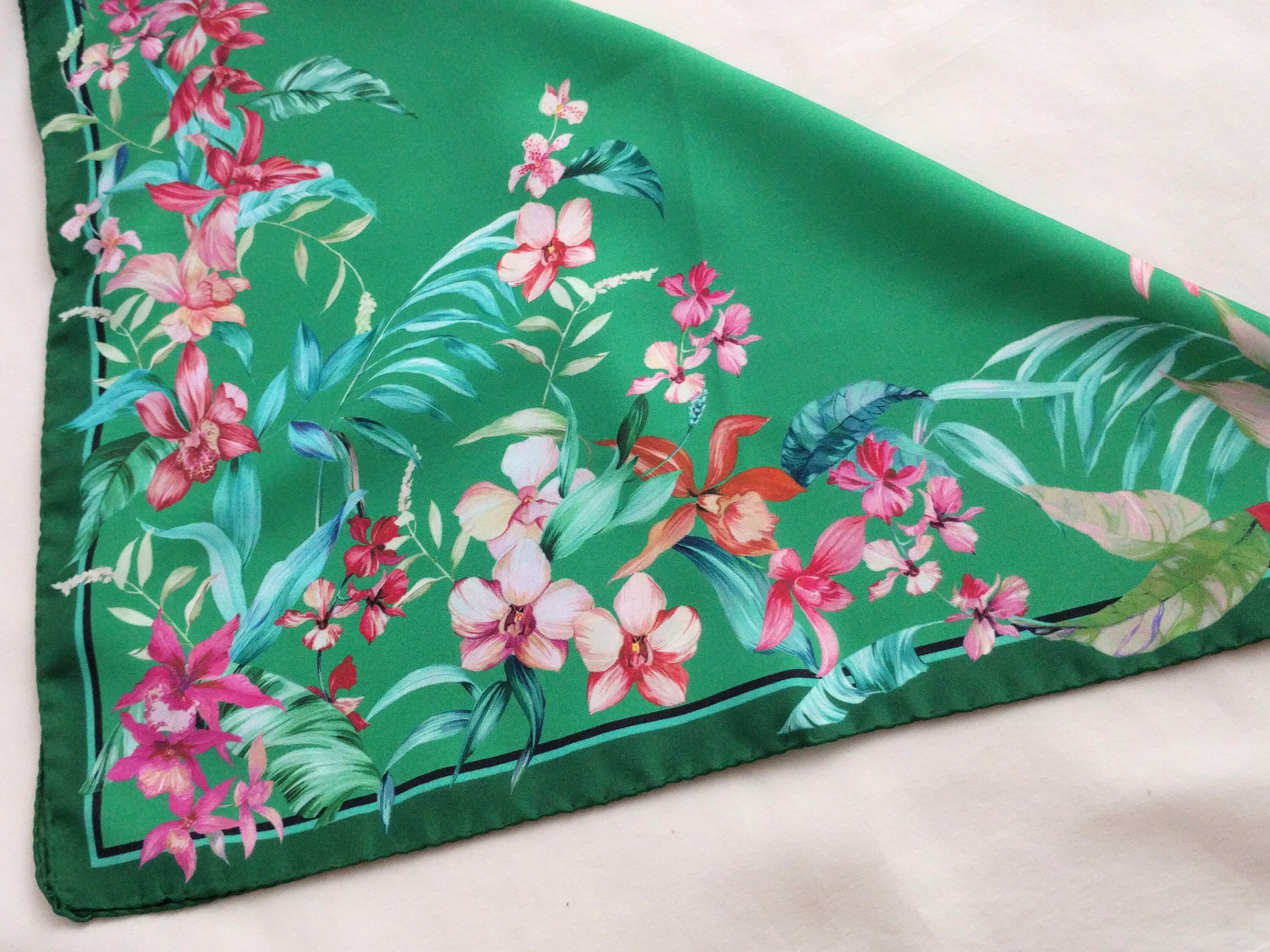 Italian Silk Scarf – Small Green Como Silk Scarf, Red & Pink Accents, Made in Italy, 19.5" Square with Rolled Edges
