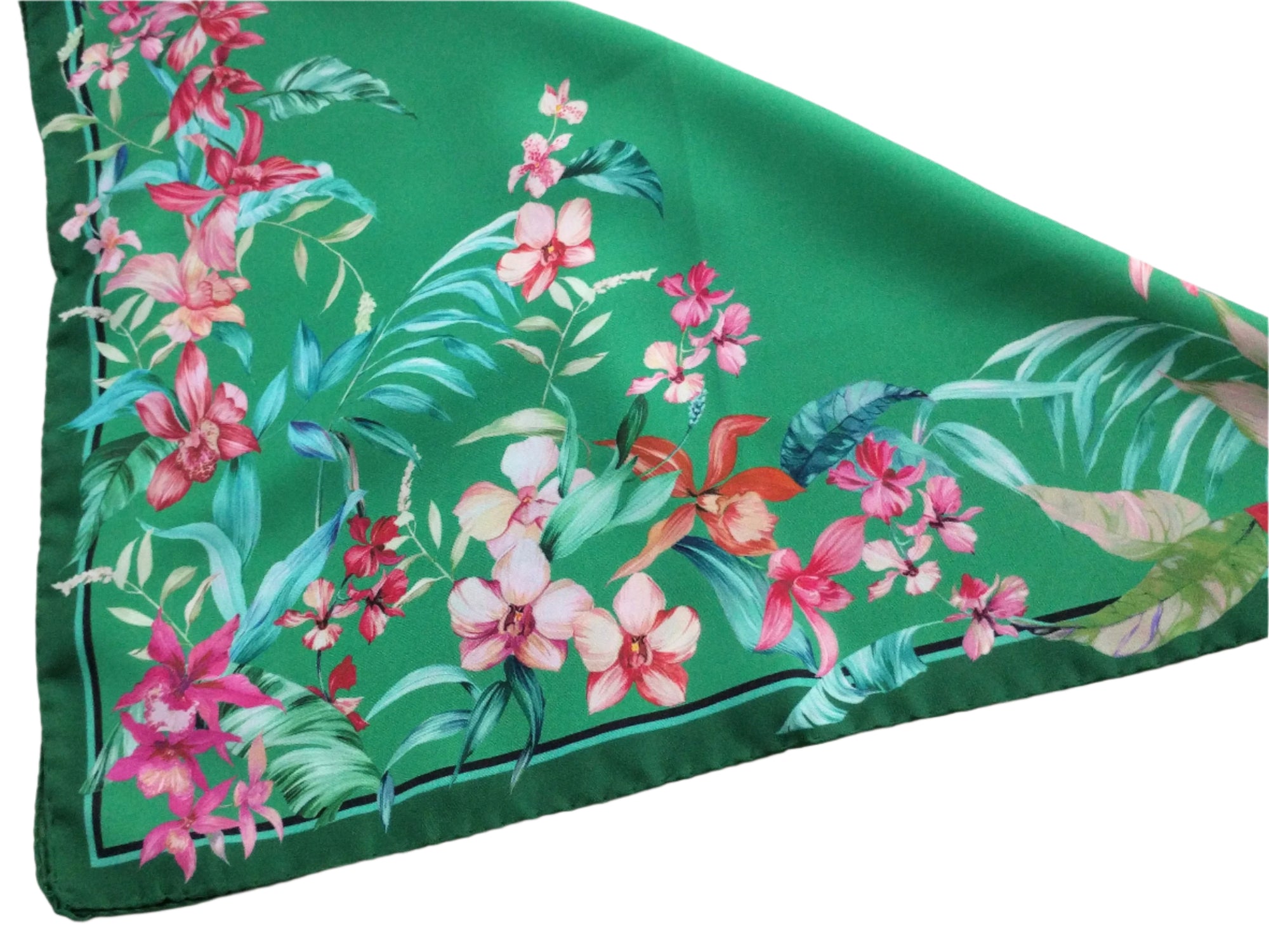 Italian Silk Scarf – Small Green Como Silk Scarf, Red & Pink Accents, Made in Italy, 19.5" Square with Rolled Edges