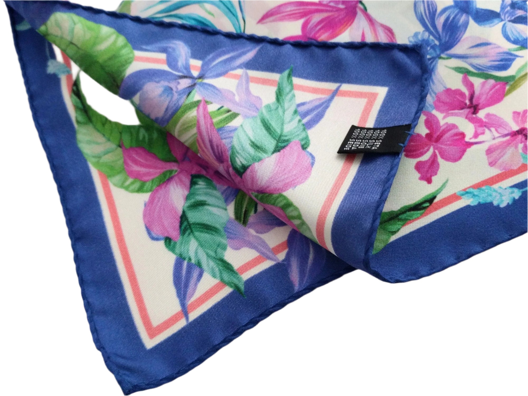 Italian Silk Scarf – Small White Como Silk Scarf, Blue & Pink Accents, Made in Italy, 19.5" Square, Rolled Edges