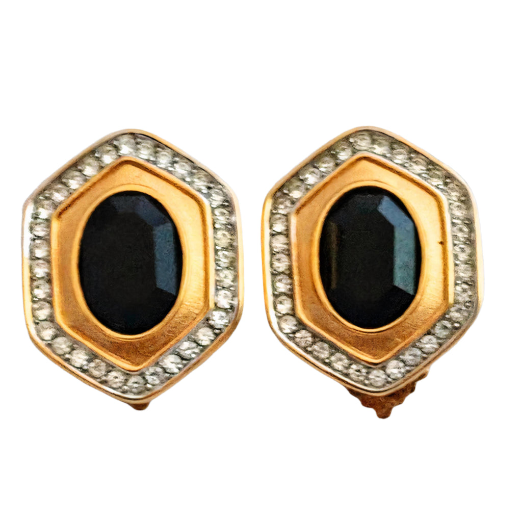 &quot;LANVIN vintage designer earrings black and crystal clip-on&quot;