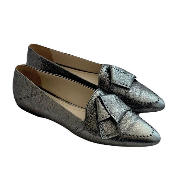 TODS leather ballet flats, metallic silver with studded bow