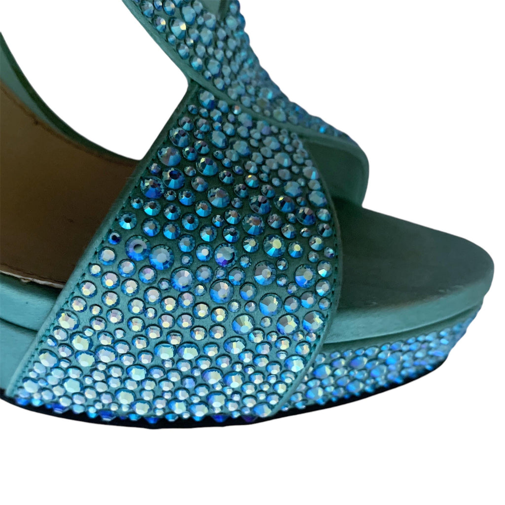 Gucci crystal-adorned aquamarine stiletto sandals, suede and satin, size 38