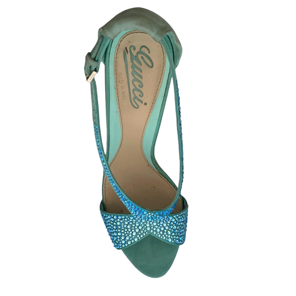 Aquamarine Gucci stiletto heels with crystal embellishments, made in Italy