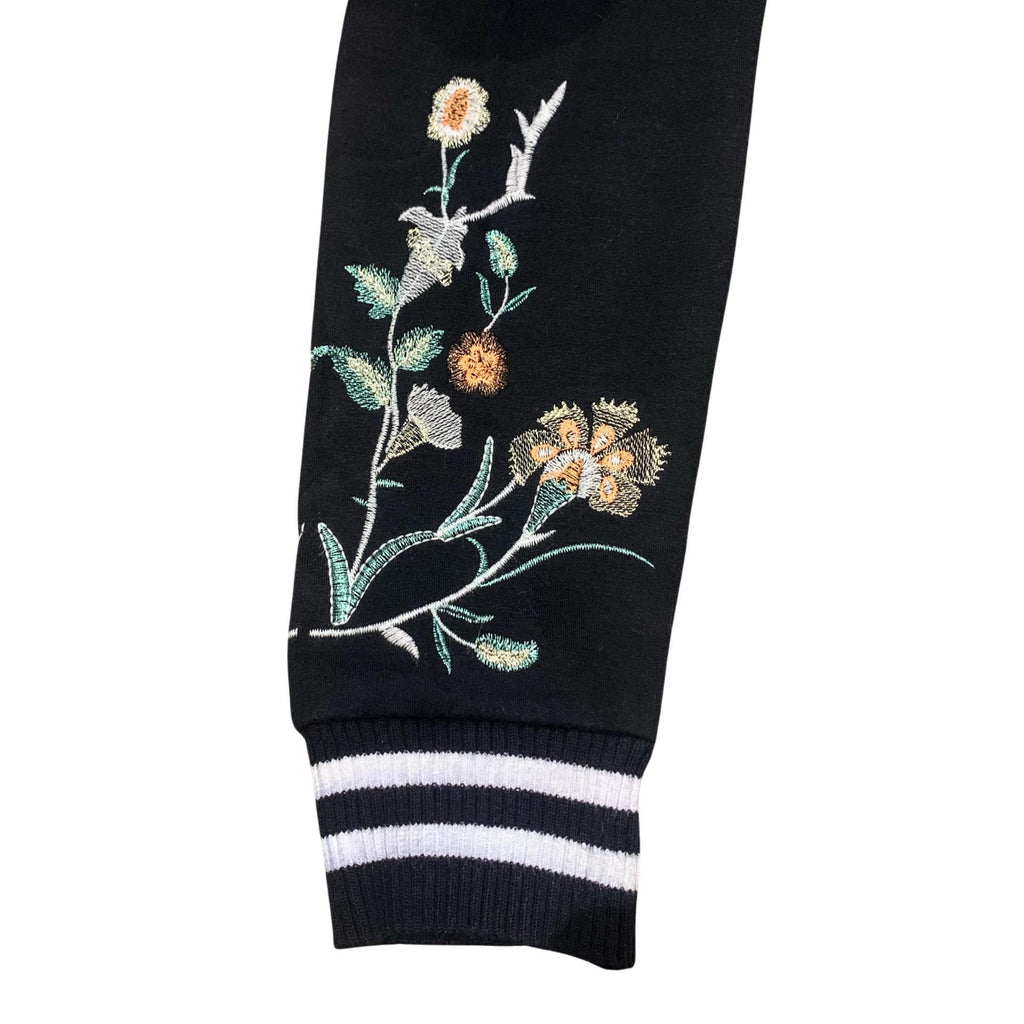 Black Maje crew neck top with floral embroidery, long sleeves, cotton/viscose, size S