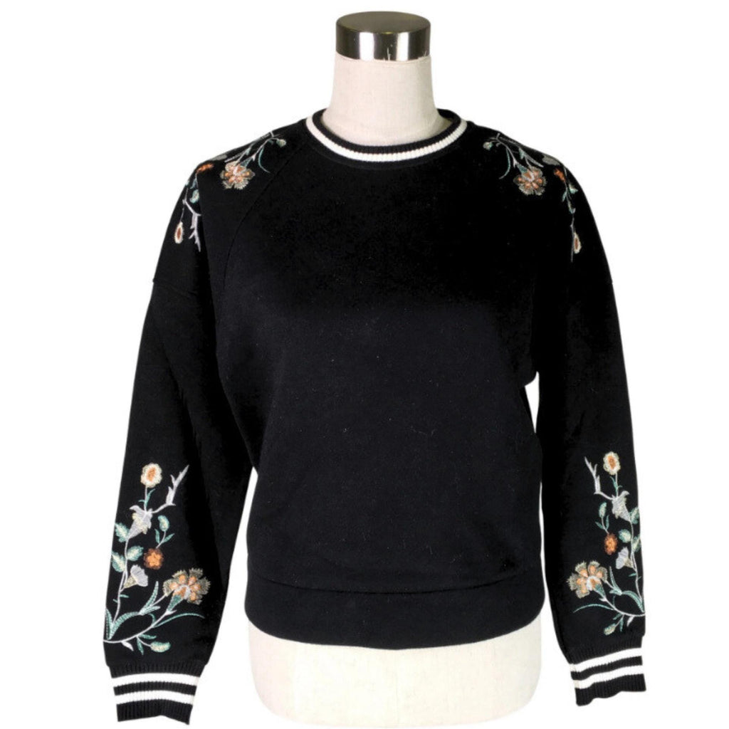 Maje floral embroidered top, casual black long sleeve, crew neck with ribbed cuffs, size S