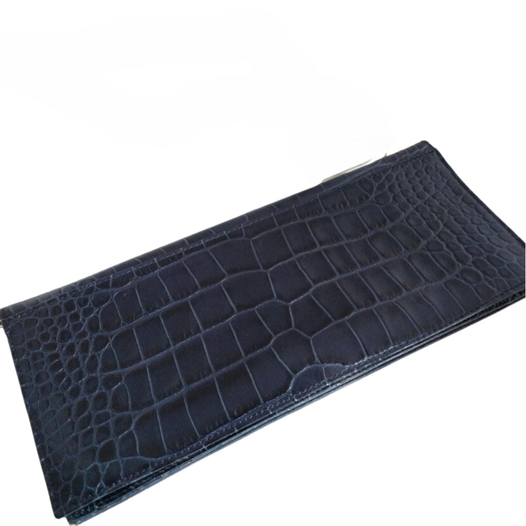 Furla blue croc-embossed leather clutch with Furla turn lock and chain shoulder strap, 12 inches