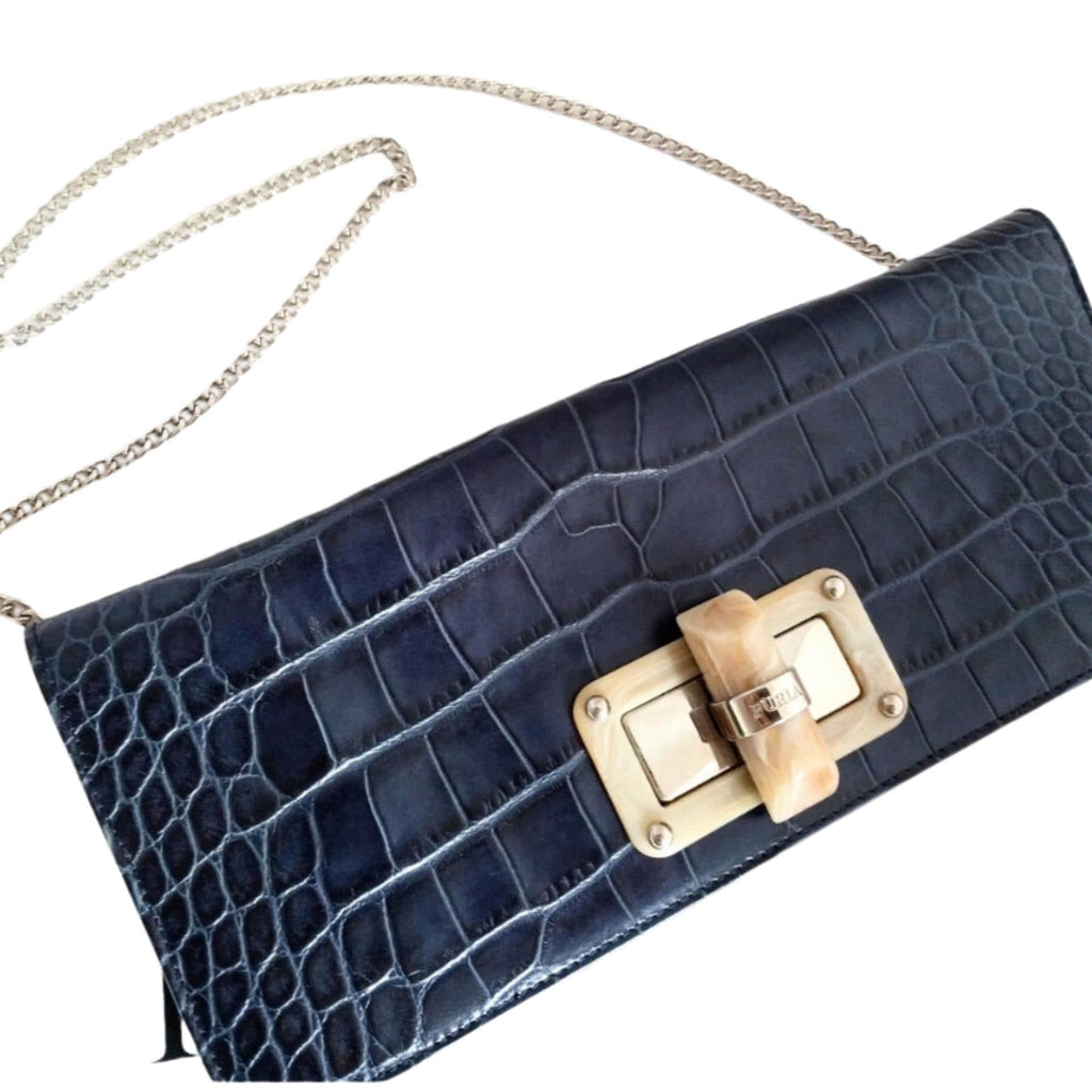 Furla Blue Leather Clutch – Croc-Embossed Pattern handbag Turn Lock clutch Removable Chain Strap Designer Purse Furla Clutch