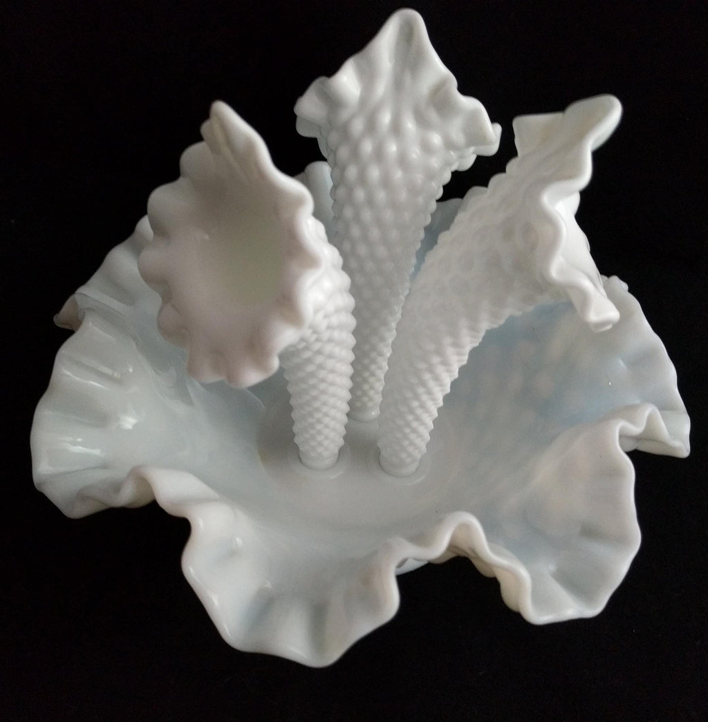 White hobnail milk glass epergne vase, mid-century collectible by Fenton - Collectible Fenton milk glass decor