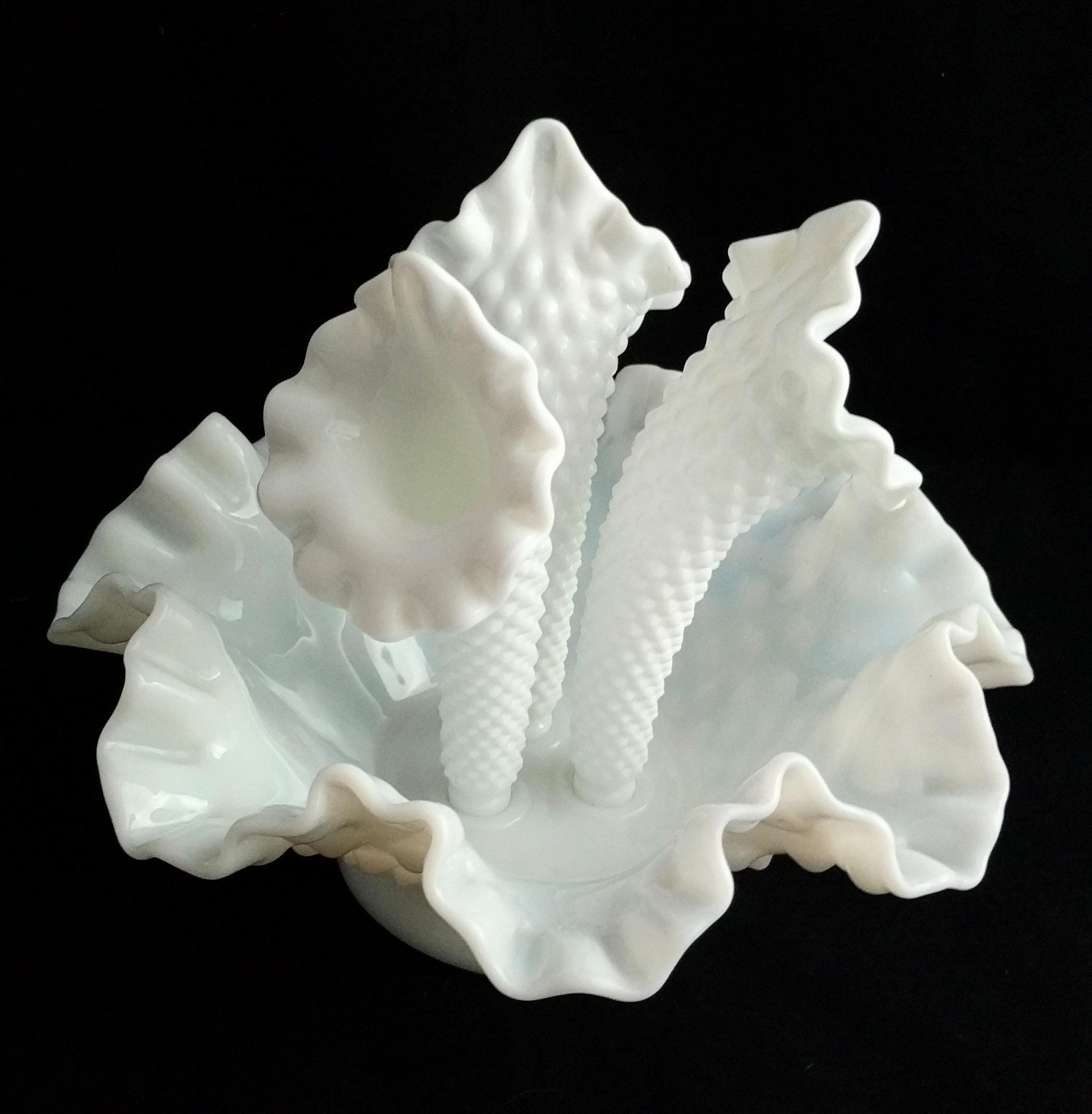 White milk glass hobnail pattern epergne, 6 1/4 x 8 1/2 inches, excellent condition - White vintage centerpiece