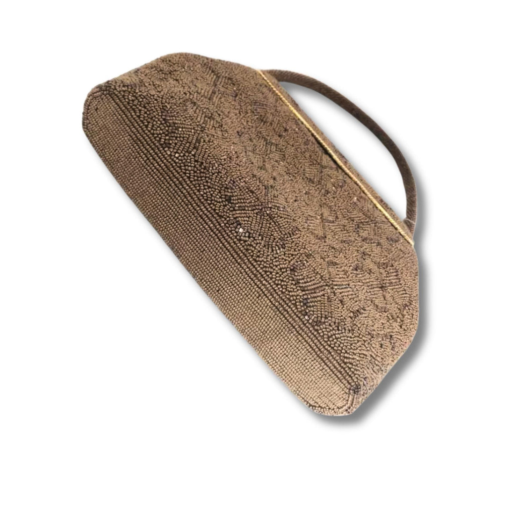Vintage 1940s Beaded Evening Bag – Floral Design, Micro Glass Beads, Gold Clasp, Scalloped Frame