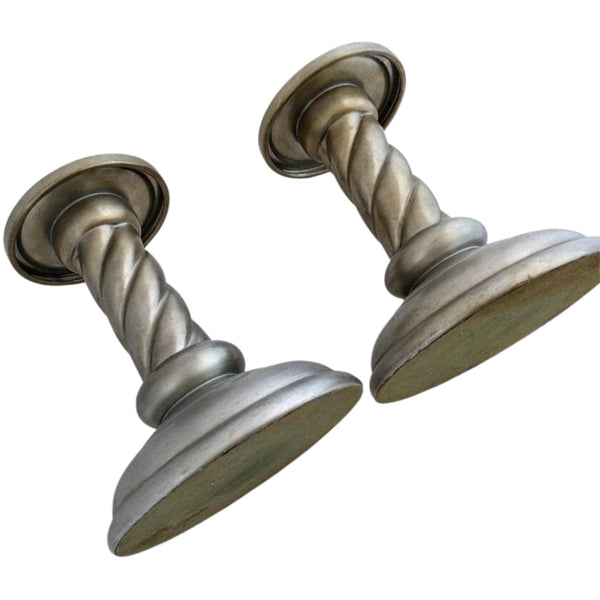 Vintage Savo Tinn pewter candle holders, Nordic brutalist design, twisted foot, 5.5 inches tall